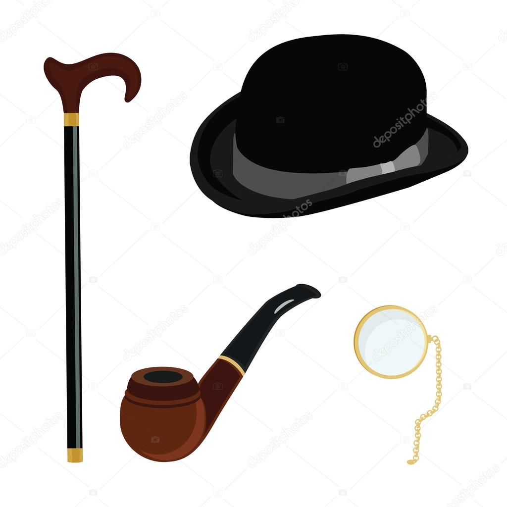 Bowler hat, monocle, smoking pipe and walking stick