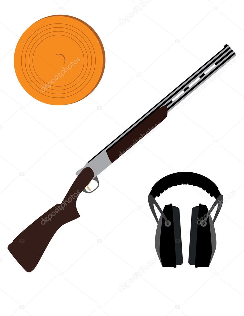 Skeet rifle, headphones for shooting and clay disk
