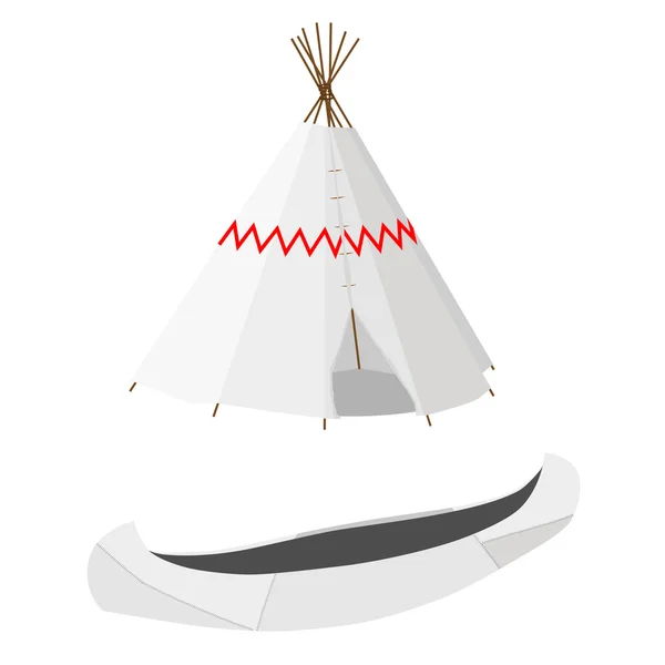 Canoa blanca y wigwam — Vector de stock