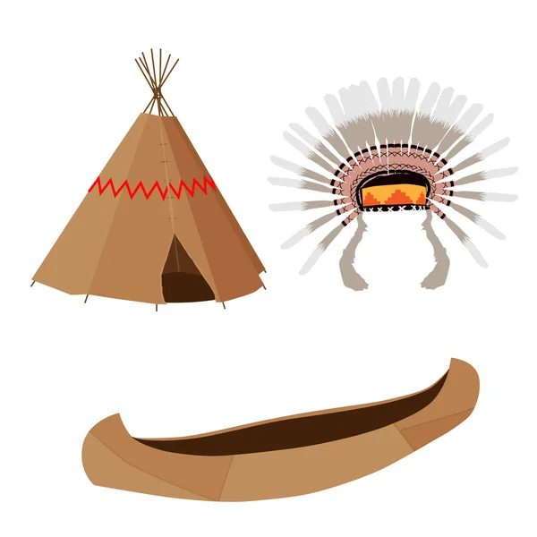 Wigwam, Kanu und Kopfbedeckung — Stockvektor