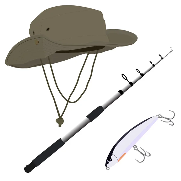Fishing pole, hat and bait — Stock Vector