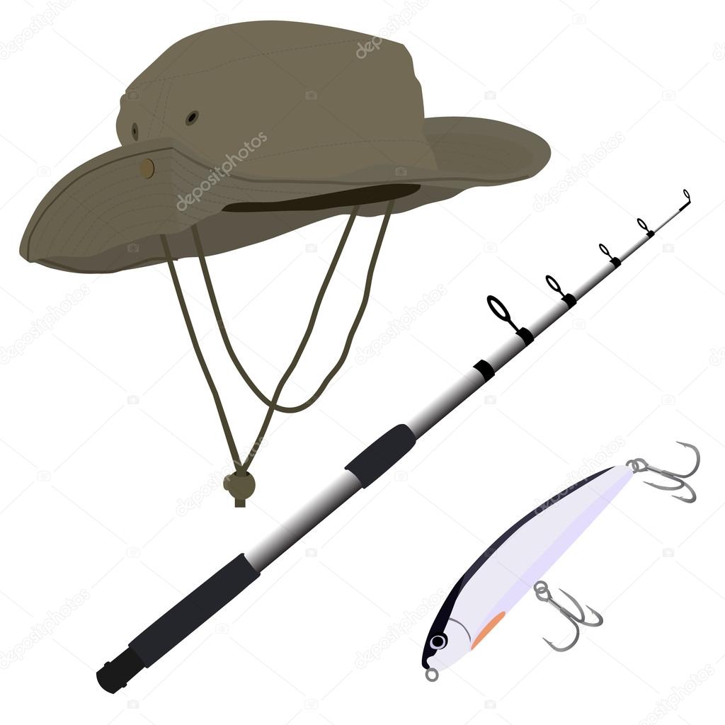Fishing pole, hat and bait