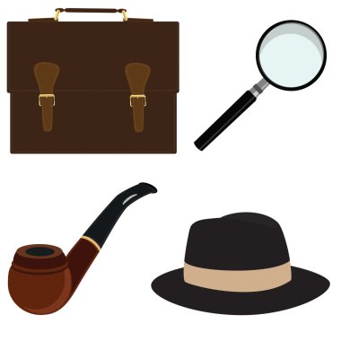 Boru, fedora şapka, Büyüteç, evrak çantası