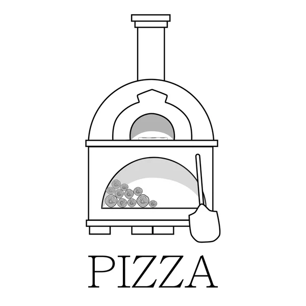 Pizzaofen mit Text-Pizzaumriss-Zeichnung — Stockvektor