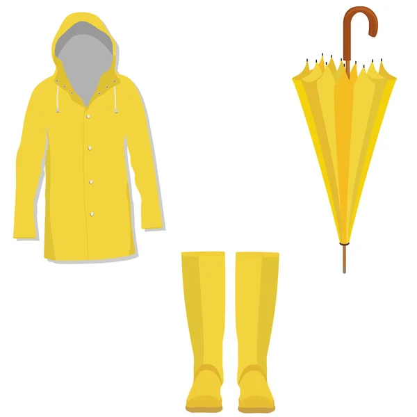 Yellow raincoat, rubber boots, umbrella — Stock Vector