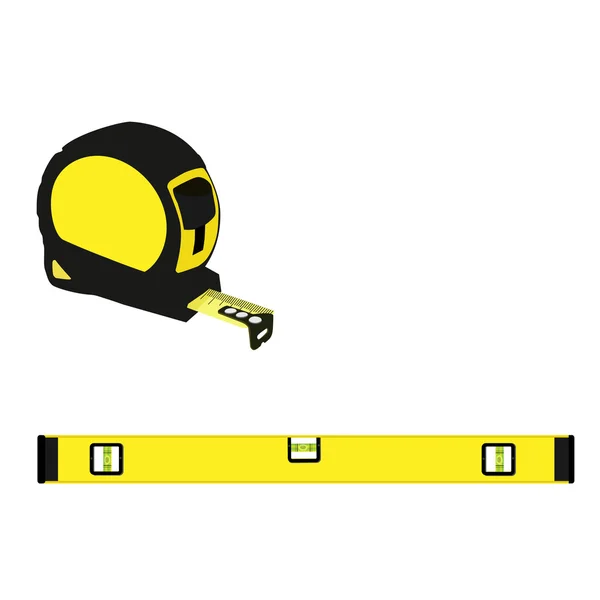 Yellow level construction and tape measure — Stock Vector
