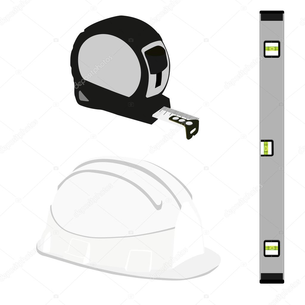 Grey level construction, building helmet and tape measure