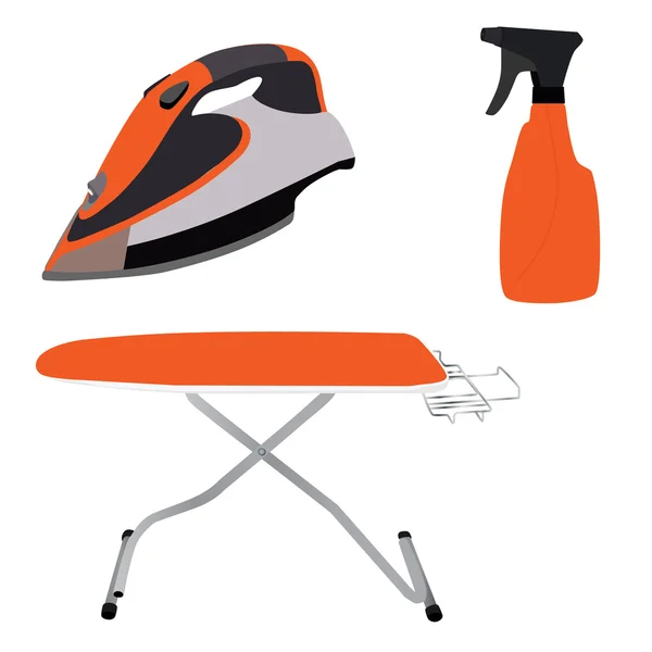 Orangefarbenes Bügelbrett, Bügeleisen und Spray — Stockvektor