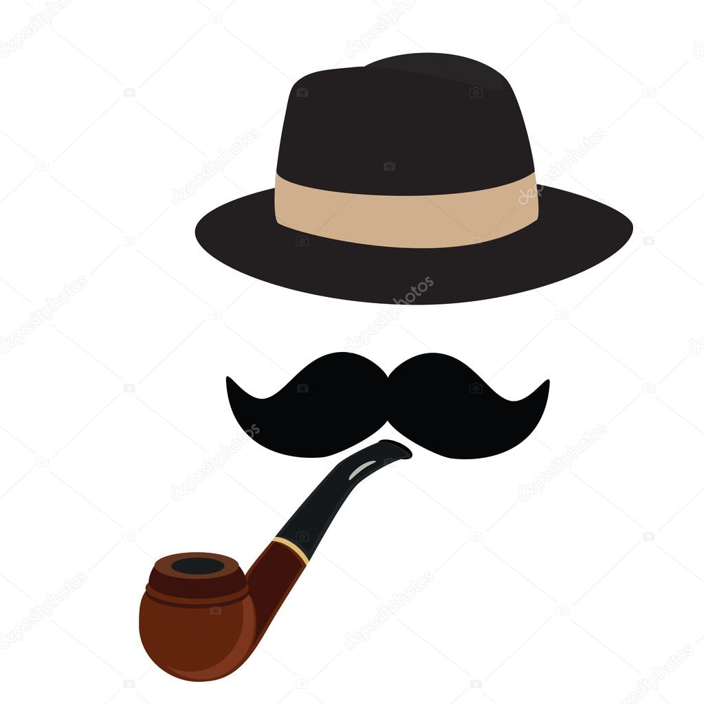 Fedora hat, smoking pipe and mustache