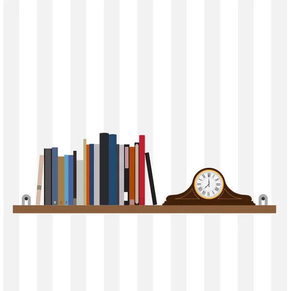 Livres sur étagère et horloge de table — Image vectorielle