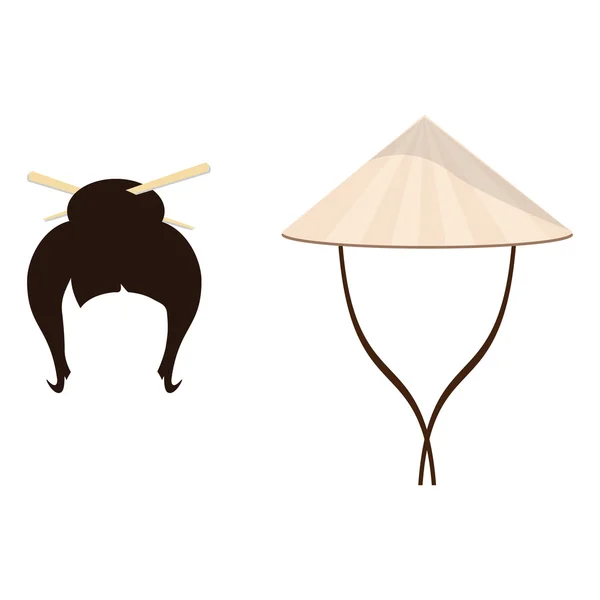 Sombrero chino y estilo de pelo geisha — Vector de stock