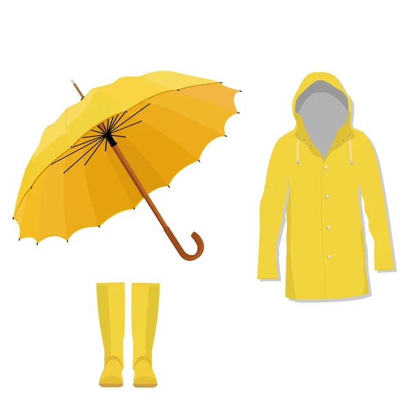 Yağmurluk, çizmeler, şemsiye — Stok Vektör