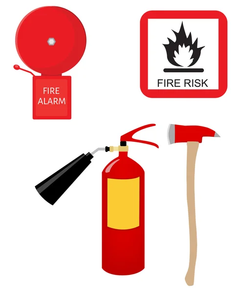 Yangın söndürücü, alarm zili, yangın riski işareti ve balta — Stok Vektör