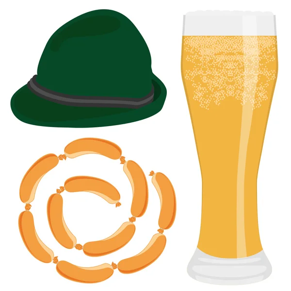 Cerveza, salchicha y sombrero — Vector de stock