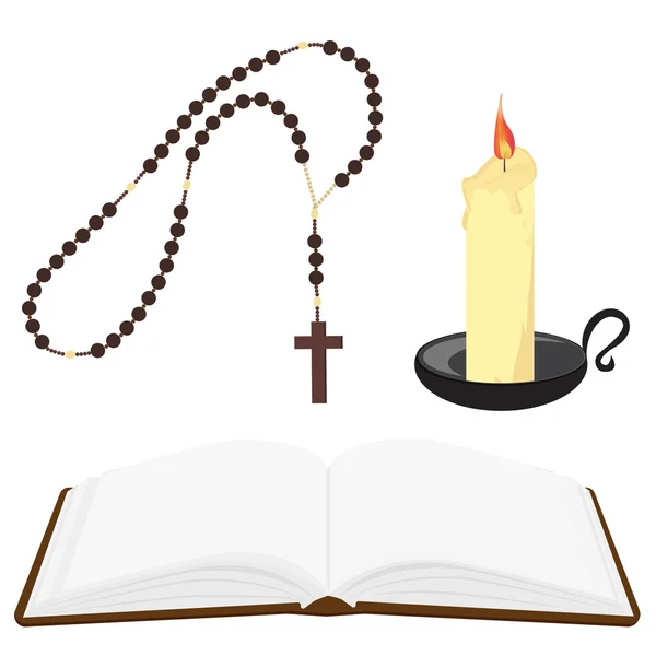 Bible, rosary beads and candle — Stock Vector