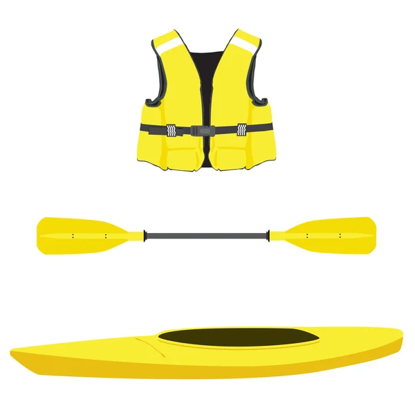 Chaleco salvavidas, bote de kayak y remo — Vector de stock