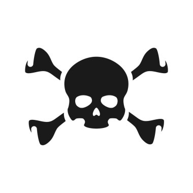 İnsan kafatası ikonu. Hippi. Korsan kafatası silueti. Çapraz kemikli korsan kafatası. İzole edilmiş. Vektör illüstrasyonu