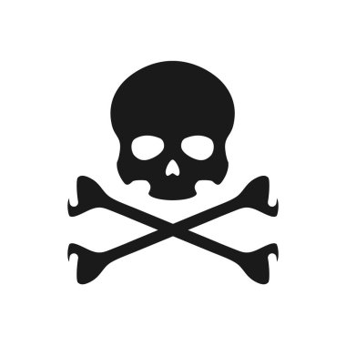 İnsan kafatası ikonu. Hippi. Korsan kafatası silueti. Çapraz kemikli korsan kafatası. İzole edilmiş. Vektör illüstrasyonu