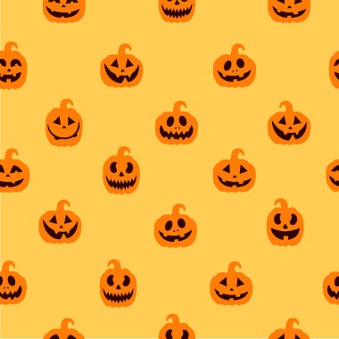 Cadılar Bayramı balkabağı siluetleriyle kusursuz desen. Balkabakları farklı şekillerde siluet oluşturur. Ürkütücü ürkütücü oyma balkabakları 