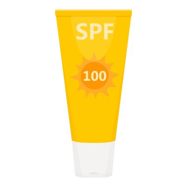 Beyaz zemin üzerinde izole edilmiş 100 şişe tüp dizaynı olan sarı güneş kremi losyonu. Güneş kremi yaz boyunca deriyi güneşten korur. Vektör