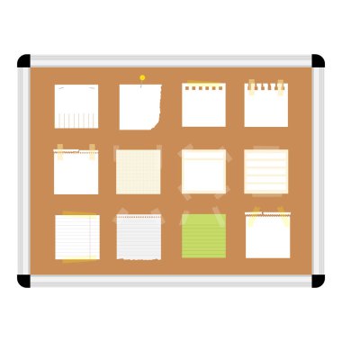 Boş kağıt notlar, yapışkan notlar, mantar panoya yapıştırılmış plastik çerçeveli not kağıtları. İzole edilmiş beyaz arka plan. Okul için boş duyuru panosu, ofis mesajları, hatırlatıcılar, duyurular