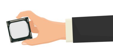 Elinde mikroişlemci çipi tutan bir iş adamı, beyaz arka planda izole edilmiş. Mikro elektronik ve işlemciler. Bilgisayar teknolojisi ve ekipmanları. Vektör illüstrasyonu