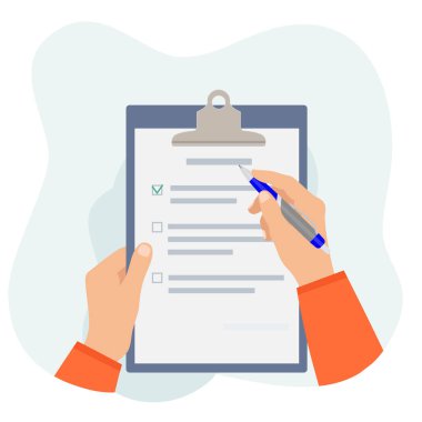 Elleri panoda tutarken kontrol listesi, yeşil işaretler ve kalem. Not defterindeki kontrol listesi dolduruluyor. Anket, sınav, liste ya da anlaşma konsepti. Düz biçimli vektör illüstrasyonu