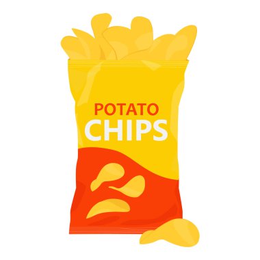 Plastik cips ya da patates cipsi dolu bir paket. Beyaz arka tarafta izole edilmiş. Patates cipsi tasarım şablonu. Atıştırmalık markalar, reklamlar ve ambalaj tasarımı için. Vektör illüstrasyonu 