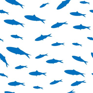 Kusursuz desenli, mavi sardalya siluetleriyle donatılmış. Grup halinde yüzen balık sürüsü. Deniz komandosu. Vektör illüstrasyonu.