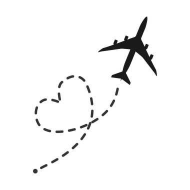 Kalp uçuş rotası çizgisi olan bir uçak. Uçuş rotası başlangıç noktası ve çizgi izi. Sevgililer Günü. Balayı