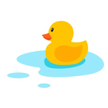 Su yüzeyinde Sarı Lastik Ördek Yüzüyor. Beyaz Arka plan 'da izole edilmiş. Küçük çocuklar için banyo oyuncağı, çizgi film tarzı. Vektör İllüstrasyonu