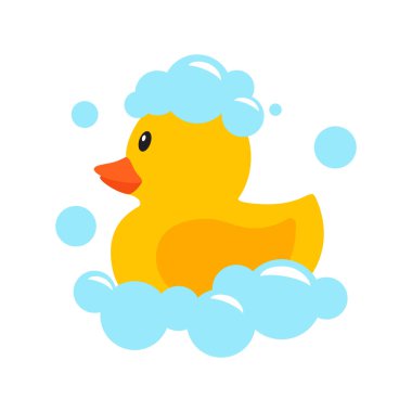 Sabun köpüğü köpüklü sarı plastik ördek oyuncağı, beyaz arka planda izole edilmiş. Küçük çocuklar için banyo oyuncağı, çizgi film tarzı..