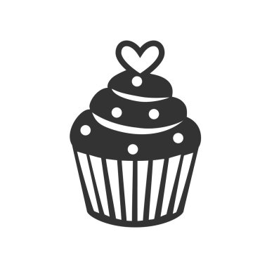 Cupcake Silhouette ve Topping for Birthday and Celebration Designs. Siyah ve Beyaz Kupalı Şekillendirilmiş Kek. Sevgililer Günü için tatlı lokma. Vektör Simgesi