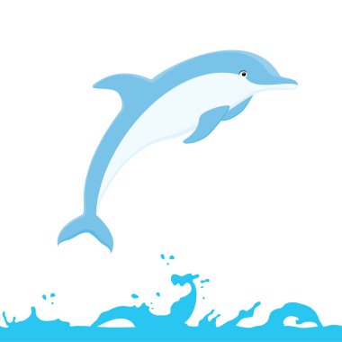 Sudan, denizden ya da okyanustan atlayan sevimli çizgi film yunusları. Beyaz arka planda izole edilmiş. Vektör illüstrasyonu