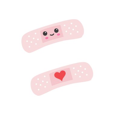 Sevimli yapıştırıcılar, kawaii yüzü ve kalp sembolü olan bandajlar, beyaz arka planda izole edilmiş. Yapışkan tıbbi alçı şeritleri ikonu. Vektör illüstrasyonu