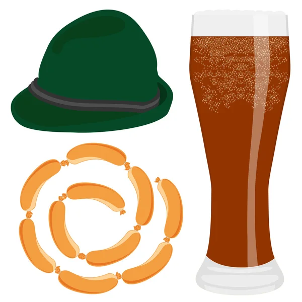 Cerveza, salchicha y sombrero — Vector de stock