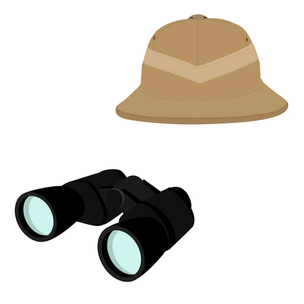 Sombrero Safari y binoculares — Vector de stock