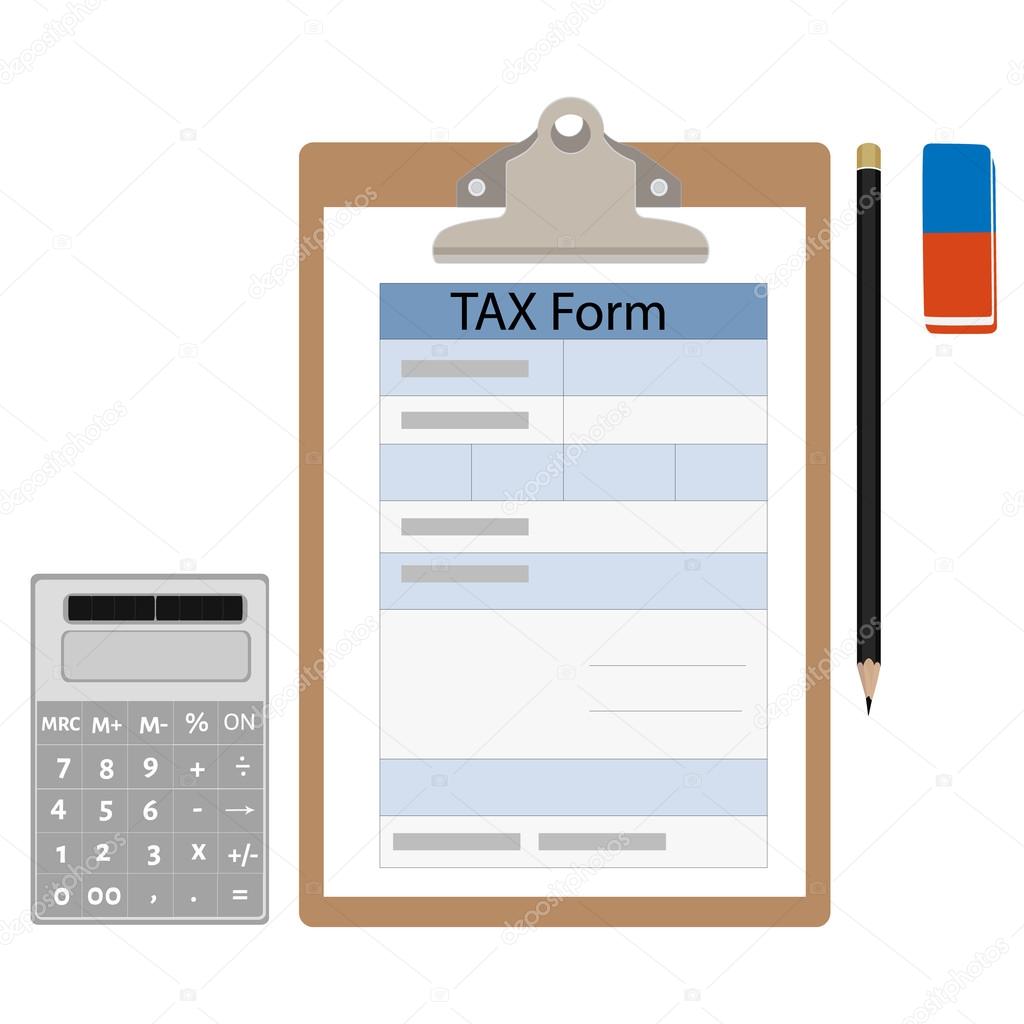 Tax form, calculator, eraser and pencil