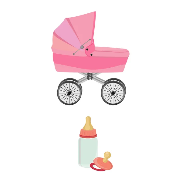 Pink baby carriage, bottle and pacifier — Stock Photo, Image