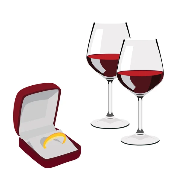 Jewellery box with ring and wineglasses — Stock Photo, Image