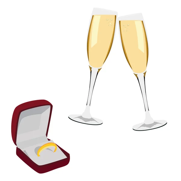 Jewellery box with ring and champagne glasses — Stock Photo, Image