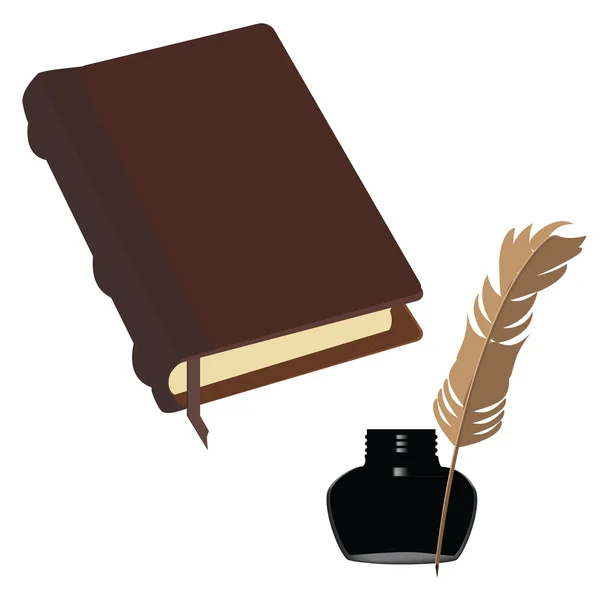 Brown book and inkwell — Stock Photo, Image