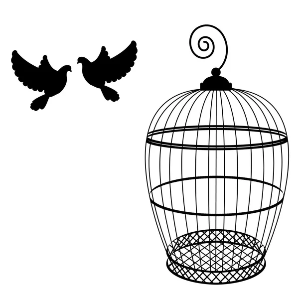 Птичья клетка и два голубя — стоковое фото