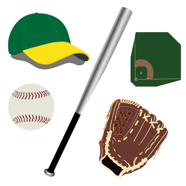 Baseball field, ball, glove, hat and bat