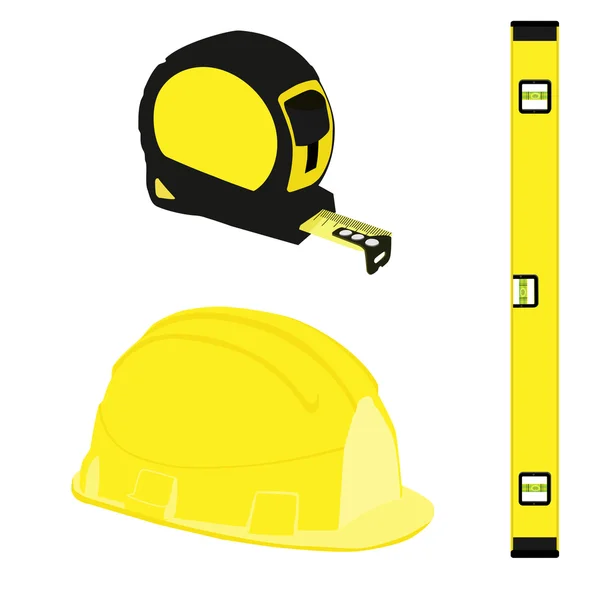 Yellow level construction, building helmet and tape measure — Stock Photo, Image