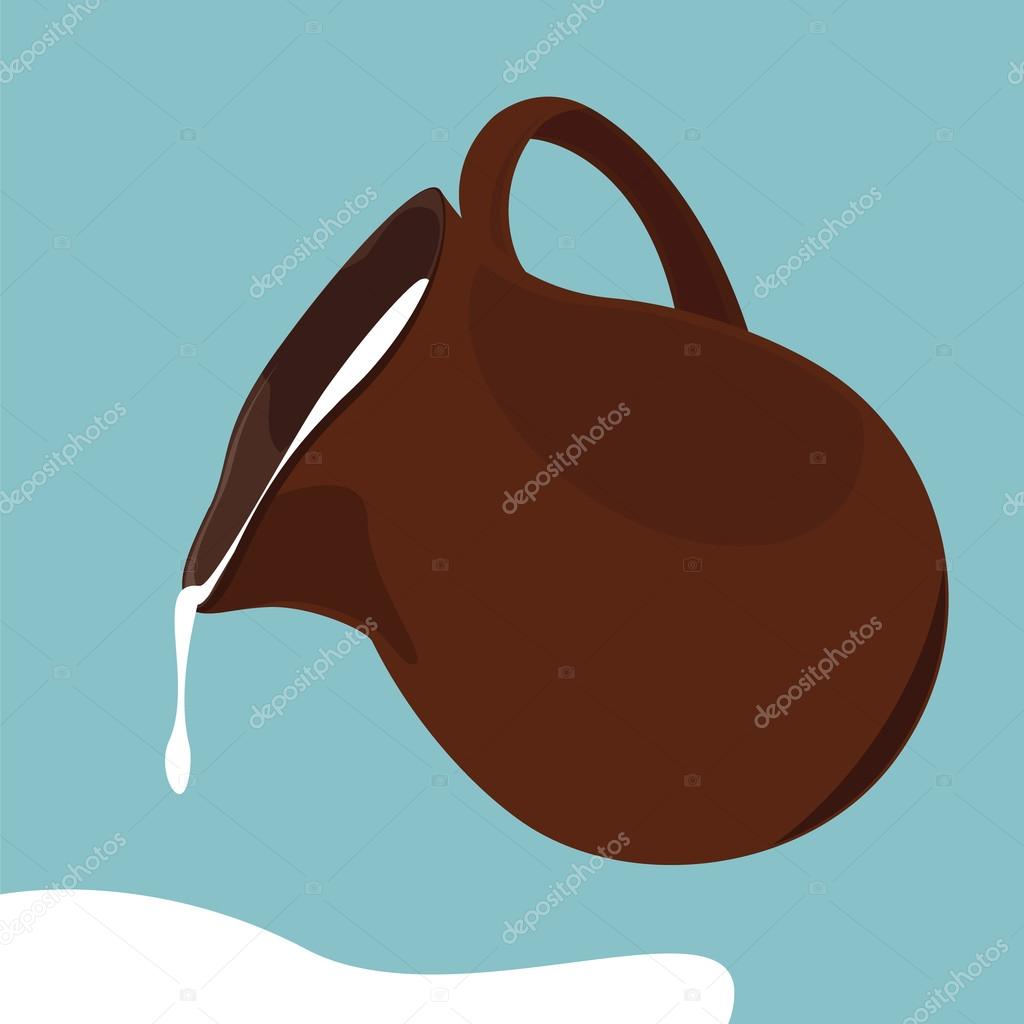 Vector illustration pouring fresh milk from ceramic jug on blue background. Milk logo