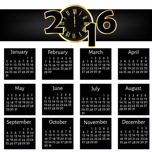 Calendario 2016 nero — Vettoriale Stock