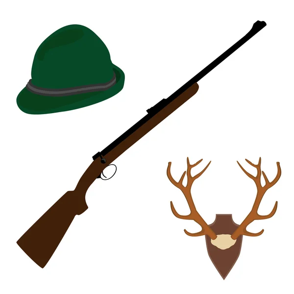 Deer horns, rifle and hat — Stock Vector