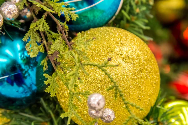 Christmas decorations, gold, silver and blue ornaments — Stock Photo, Image