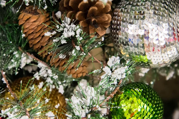 Christmas decorations, gold, silver, green ornaments — Stock Photo, Image